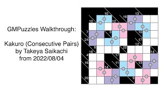 GMPuzzles  20220804  Kakuro Consecutive Pairs by Takeya Saikachi [upl. by Littell]