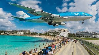 BOEING 747 low LANDING above THE BEACH  St Maarten and Maho Beach 4K [upl. by Aisemaj]