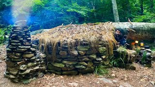 7 Days SOLO SURVIVAL CAMPING In RAIN Forest Building a WOOD and ROCK Bushcraft SHELTER amp Fireplace [upl. by Atteniuq]