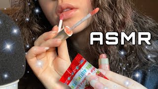 ASMR  Close Up Lip Balm and Lip Gloss Application on You and Me with Mouth Sounds and Spit Lipstick [upl. by Okikuy]