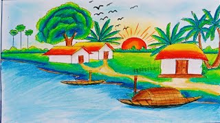 Village nature art🩵🏡❤️Village scene easy drawing Prakritik drisso drawingSunset scenery drawing [upl. by Oretna86]