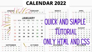 Design Beautiful Calendar 2022 Using HTML and CSS HTML CSS [upl. by Lytsirk]