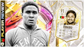 ICON 91 RATED EUSEBIO PLAYER REVIEW  FIFA 22 ULTIMATE TEAM  BEST STRIKER IN THE GAME [upl. by Carlisle]