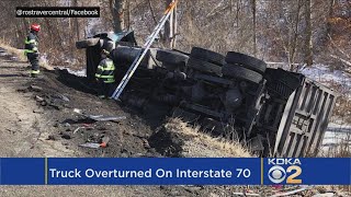 Truck Overturns On I70 In Rostraver Township [upl. by Airahcaz]