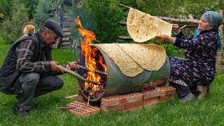 🌶️ Traditional Lavash Bread Baking Bread on a Barrel Over Wood Fire [upl. by Gunilla192]