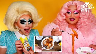 Mukbang with Kim Chi Trixie tries Kims favorite Korean dishes [upl. by Scherman]