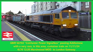 66704 quotColchester Power Signalboxquot passing Addlestone with a short MOD container train on 111124 [upl. by Telracs]