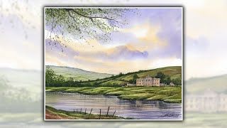 Paint a Watercolour Landscape with English Country Stately Home River amp Trees [upl. by Adnilem715]