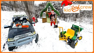 Christmas landscaping with backhoe truck trailer chainsaw and lights Educational  Kid Crew [upl. by Yssep]