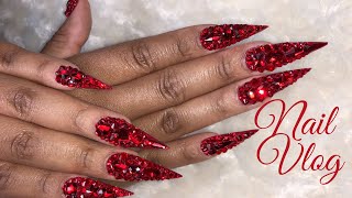 Get My Nails Done with Me Blinged Out Red Stiletto Nails  SHE IS ROYALTY [upl. by Yarazed672]