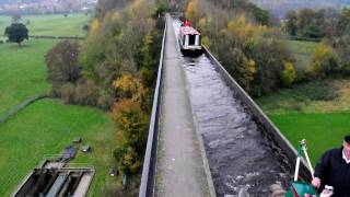 Narrowboats quotThomas Telfordquot and quotSallyquot crossing Pontcysyllte Aqueduct 301009 High angle view [upl. by Tennaj]