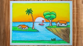 How to Draw Simple Scenery Drawing  Prakritik Drishya Drawing Colour Easy [upl. by Rephotsirhc]