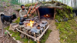 Building a WOOD and ROCK SHELTER for 3 Days SURVIVAL Fireplace Quail Cooking BUSHCRAFT Camping [upl. by Ungley]