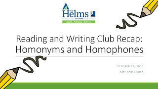 Homophones and Homonyms  Reading and Writing Club Recap  Oct 27 2020  GED HiSET TASC Prep [upl. by Eimareg30]