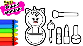 How to draw Unicorn Makeup Set Coloring page for kids  Funny Makeup tools Drawing Story [upl. by Ynaitirb597]