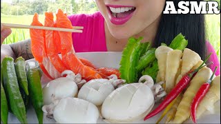 ASMR CUTTLEFISH  SALMON SASHIMI  SEAFOOD SAUCE EATING SOUNDS OUTSIDE NATURE SOUNDS  SASASMR [upl. by Tingey955]