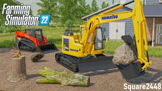 First Job With NEW Excavator Clearing OVERGROWN Yard  FS22 Landscaping [upl. by Jayson]