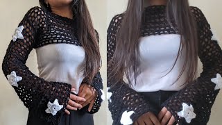 How to Crochet fishnet star shrug🤍 flare or bell sleeves crochet  simple and easy steps💫 [upl. by Feirahs167]