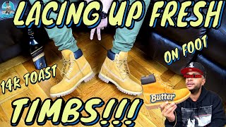 LACING FRESH TIMBERLANDS  UNBOXING amp ON FOOT  14k TOAST [upl. by Llecrep]