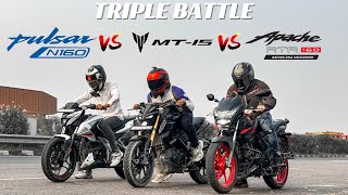 2024 TVS APACHE RTR160 RACE EDITIONVSYAMAHA MT15 VS BAJAJ PULSAR N160  TRIPLE BATTLE 😱 [upl. by Guinevere]