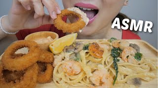 ASMR Creamy Shrimp Alfredo Pasta with Deep Fried Onion Wings NO Talking Eating Sounds  NE [upl. by Anaillil]