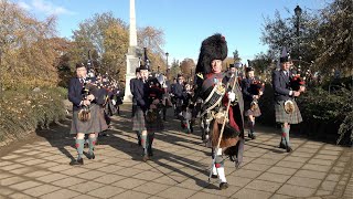 Drum Major leads the 2023 Remembrance Sunday parade past 51st Highland Div memorial in Perth [upl. by Pouncey335]