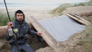 Dugout Shelter in the Sand  Camping Crabbing Cooking in a Storm [upl. by Duer]