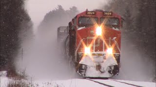 Kicking Up Snow  Awesome Approach View Freight Train CN 594 West near Boundary Creek NB [upl. by Gibeon]