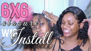 HOW TO INSTALL A 6x6 closure wig6x6 curly bob install very easy beginner friendly [upl. by Tanner]