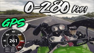 Kawasaki ZX9R 0280 Kmh  GPS  TOP SPEED  ACCELERATION  TIMING [upl. by Ecinom197]