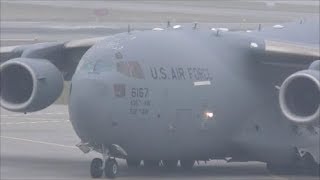 WEF 2018 US Air Force Boeing C17 Globemaster III at ZRH with live ATC [upl. by Jemy]