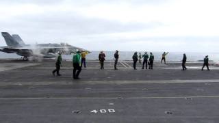 FA18 Catlaunches of the Aircraft Carrier USS John C Stennis [upl. by Svirad]