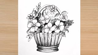 flower basket drawing step by step  how to draw basket of flowers step by step drawing [upl. by Ecargyram]