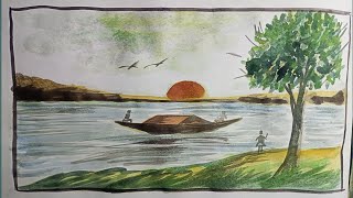 Boat scenery drawing with Water Colour [upl. by Helena]