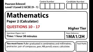 Revise Edexcel GCSE Higher Maths Paper 2 Set 1 Questions 10  17 [upl. by Tremaine]