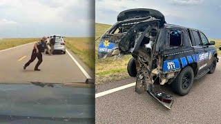 Car Crashes Into Police Car in the Middle of Empty Highway [upl. by Marti814]