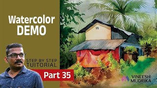 watercolor demo  by vineesh mudrika  outdoor scene  tuitorial  for leaners  beginers  part 35 [upl. by Akenor]