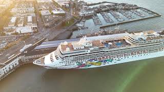 NCL Norwegian Jewel cruise ship at Pier 35 San Francisco aerial 4K [upl. by Tania]