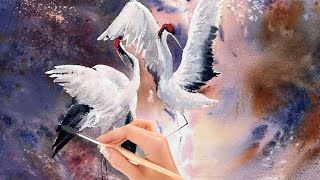 Chill Watercolor Painting Cranes [upl. by Lamiv]