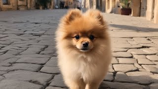 A Pomeranian puppy walks through the old town to the sea [upl. by Ylirama122]