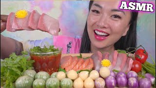 ASMR SASHIMI PLATTER HAMACHI  SALMON  FRESH VEGGIES EATING SOUNDS NO TALKING  SASASMR [upl. by Richey]