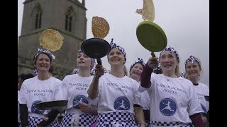 English town flips out for centuriesold Shrove Tuesday pancake race [upl. by Alleb111]