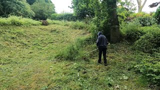 Strimming A Dell  Very Long Grass On A Steep Hill [upl. by Elumas]