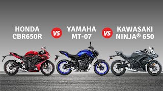 HONDA CBR650R VS YAMAHA MT07 VS KAWASAKI NINJA 650 SPECS COMPARISON [upl. by Pearl665]