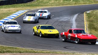 Sandown Historics 2023 Race 2 Porsche Corvette Pantera Shelby GT350 racing [upl. by Ayaj]