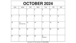 Free Printable October 2024 Calendar Templates With Holidays  Wiki Calendar [upl. by Nitsugua]