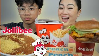 JOLLIBEE Aloha Spicy Burger Chicken Joy with Family Size Spaghetti and Fries  NE Lets eat [upl. by Va]