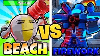 TITAN BEACH BALL MAN VS TITAN FIREWORK MAN Toilet Tower Defense [upl. by Lucey]