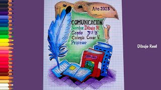 Como dibujar caratula o portada para cuaderno de comunicación fáciles y bonitos [upl. by Ube335]