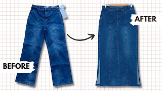 How to Transform Your Jeans into a Maxi Denim Skirt with Side Slits  DIY Pants Reconstruction [upl. by Deborah]